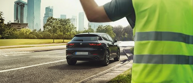 Roadside technician fitting a new car battery to a Aston Martin