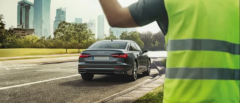 Roadside technician fitting a new car battery to a Audi